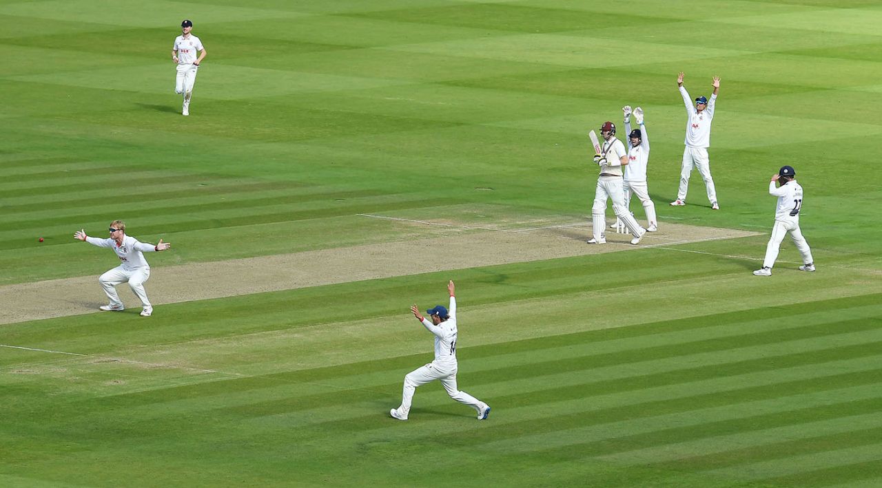Simon Harmer pleads for an lbw decision against Craig Overton, Somerset vs Essex, Bob Willis Trophy final, Day 2, Lord's, September 24, 2020