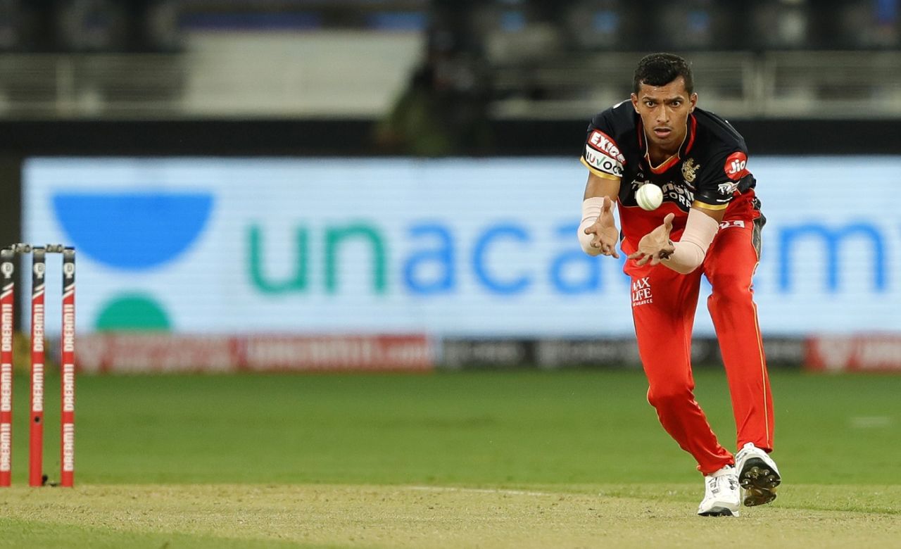 Navdeep Saini fields off his own bowling, Kings XI Punjab vs Royal Challengers Bangalore , IPL 2020, Dubai, September 24, 2020