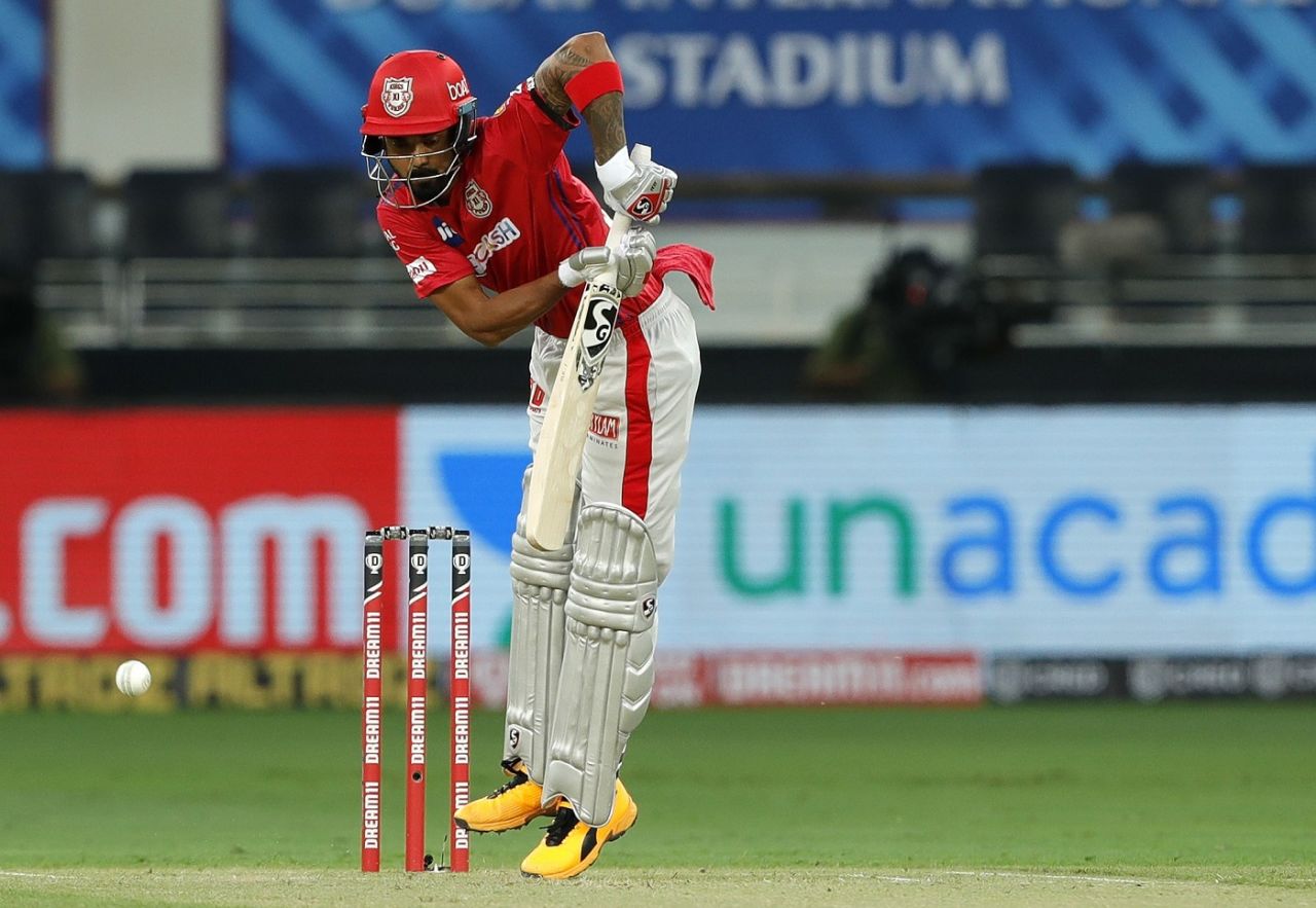 KL Rahul leaps to play a shot, Kings XI Punjab vs Royal Challengers Bangalore , IPL 2020, Dubai, September 24, 2020