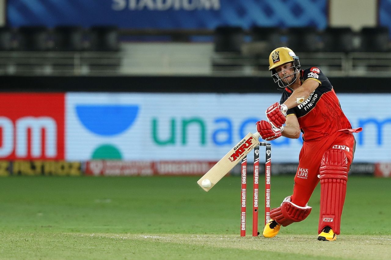 AB de Villiers shapes to hit one off the middle of the bat, Kings XI Punjab vs Royal Challengers Bangalore , IPL 2020, Dubai, September 24, 2020