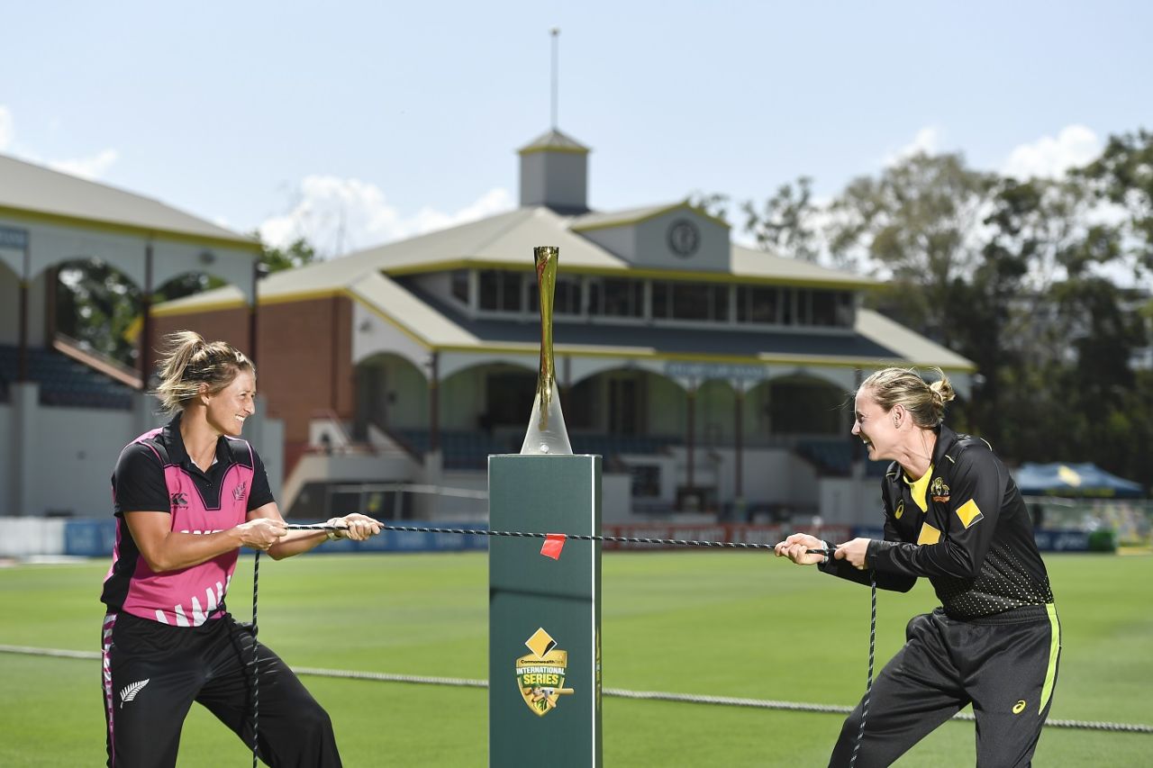 Feelin' the tension: Sophie Devine and Meg Lanning share a light moment, Australia women v New Zealand women, Brisbane, September 25, 2020