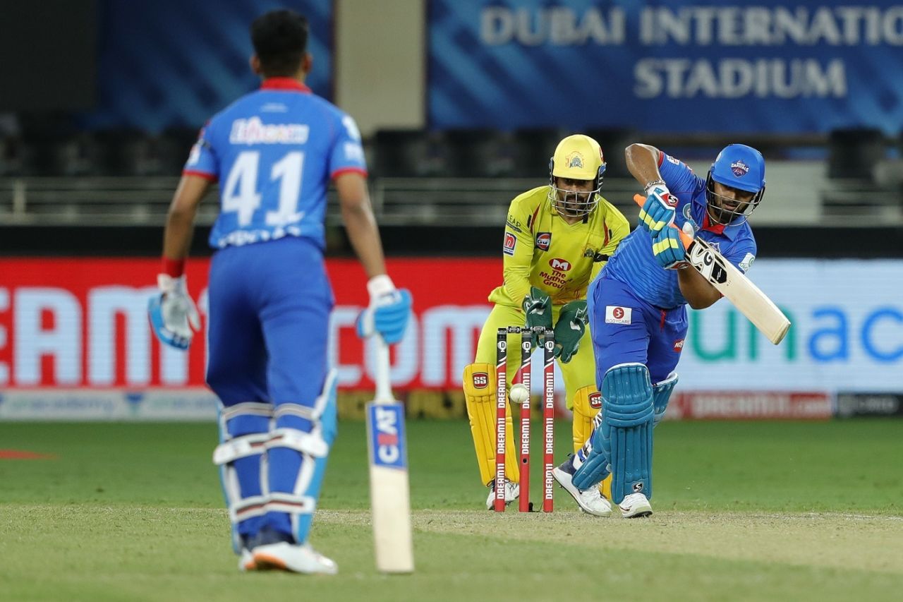Rishabh Pant works the ball away during his partnership with Shreyas Iyer, Chennai Super Kings vs Delhi Capitals, IPL 2020, Dubai, September 25, 2020