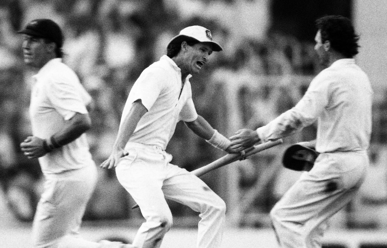 Dean Jones rushes to embrace Allan Border after Australia win the World Cup, Australia v England, World Cup final, November 8, 1987