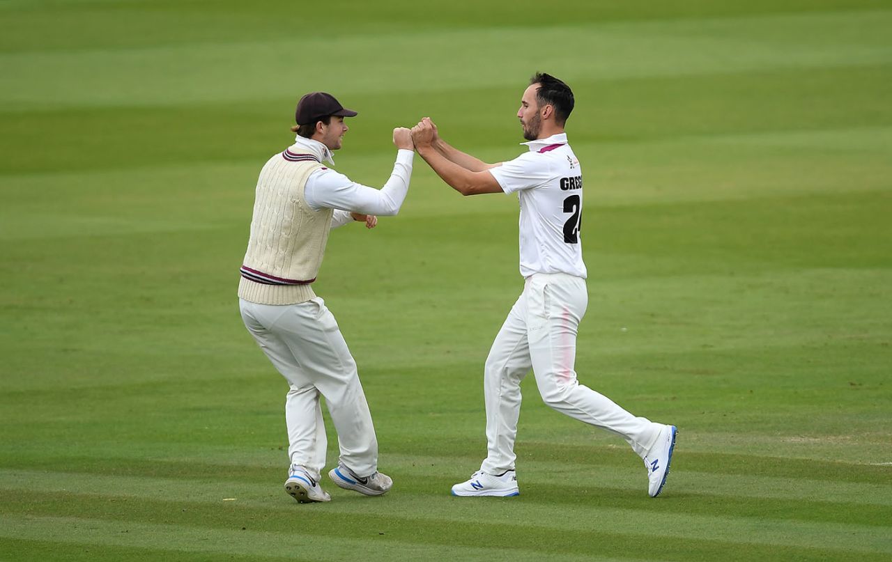 Lewis Gregory gets a fist bump for his breakthrough, Somerset vs Essex, Bob Willis Trophy final, 5th day, Lord's, September 27, 2020