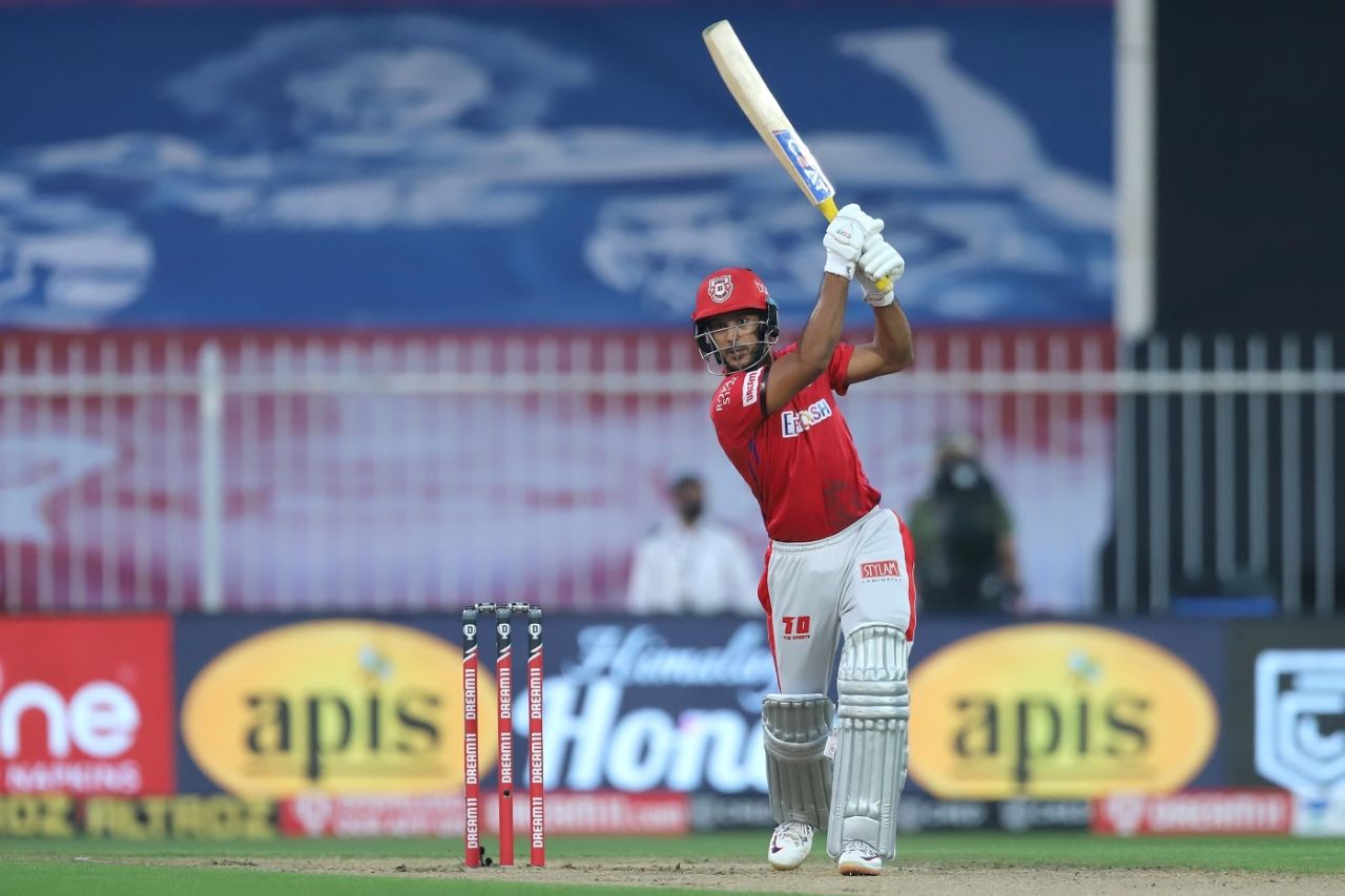 Mayank Agarwal goes over the top, Kings XI Punjab v Rajasthan Royals, IPL 2020, Sharjah, September 27, 2020