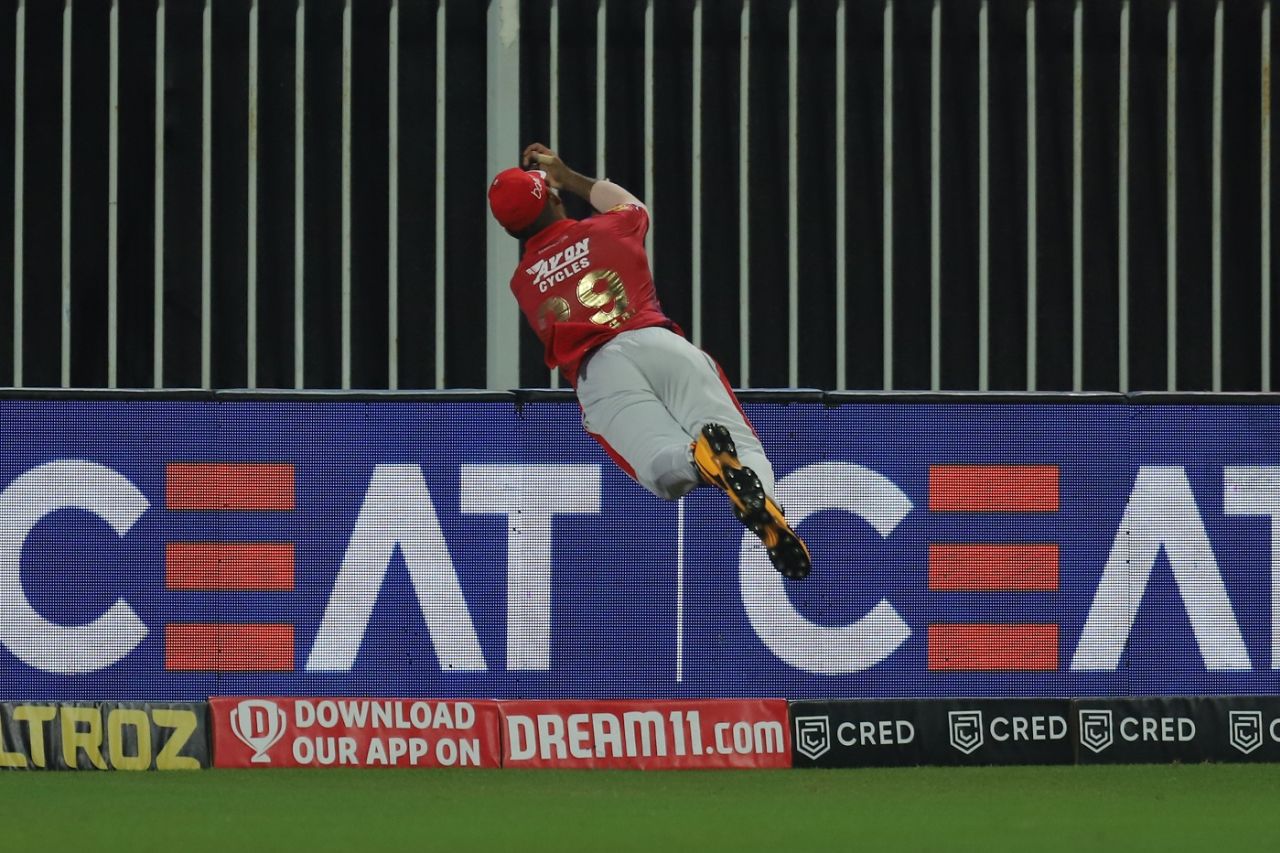 Some impressive hang-time from Nicholas Pooran as he gets hands to the ball, Kings XI Punjab v Rajasthan Royals, IPL 2020, Sharjah, September 27, 2020