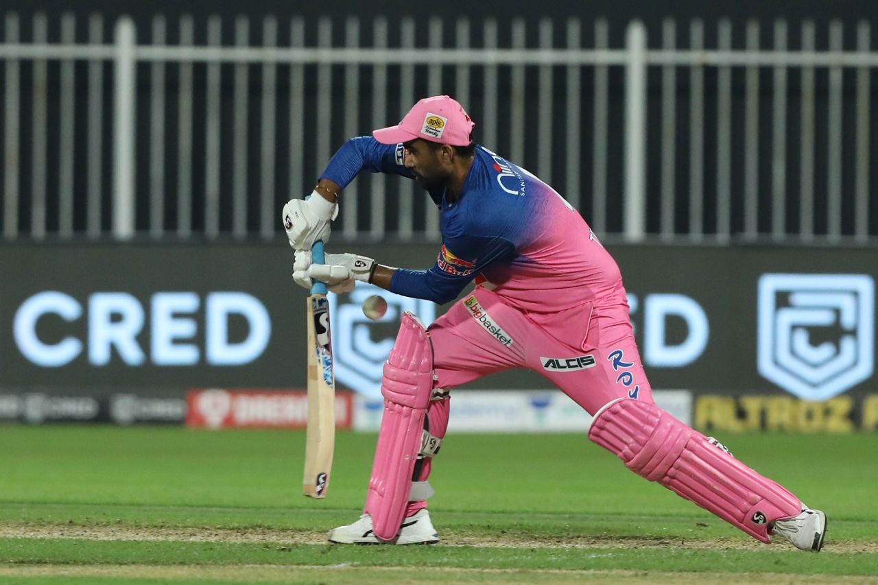 Rahul Tewatia stretches out to block, Kings XI Punjab v Rajasthan Royals, IPL 2020, Sharjah, September 27, 2020