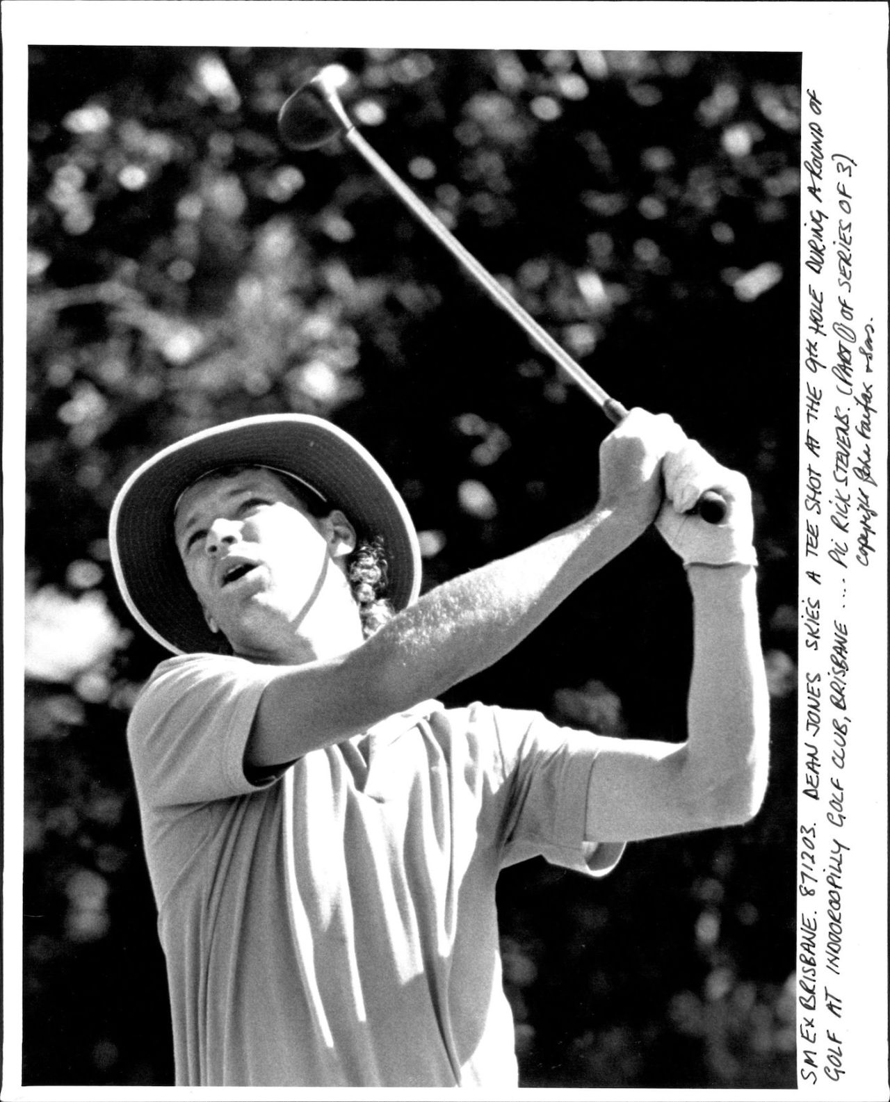 Dean Jones Skies a tee shot at the ninth hole, Indooroopilly golf club, Brisbane, December 3, 1987
