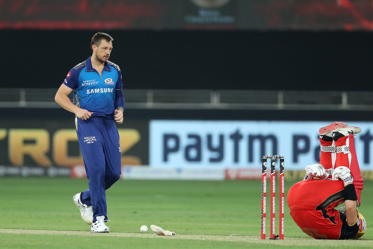 Aaron Finch goes down after taking a blow from James Pattinson, Mumbai Indians v Royal Challengers Bangalore, IPL 2020, Dubai, September 28, 2020