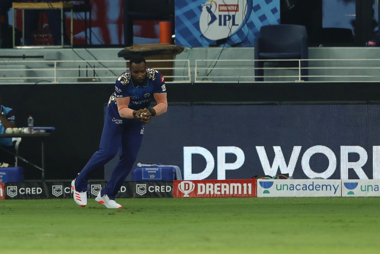 Kieron Pollard took another catch in the outfield, Mumbai Indians v Royal Challengers Bangalore, IPL 2020, Dubai, September 28, 2020
