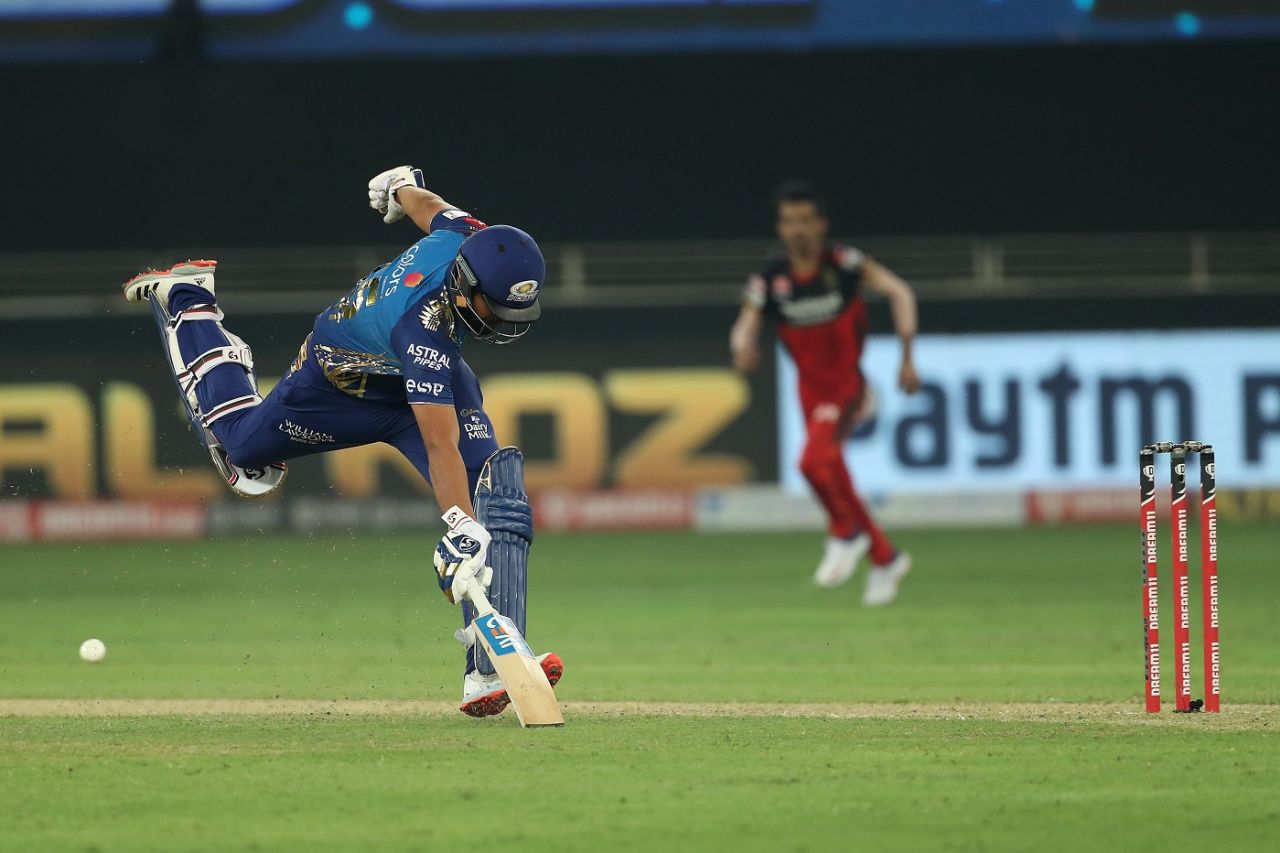 Rohit Sharma scampers for a single in the Super Over, Mumbai Indians v Royal Challengers Bangalore, IPL 2020, Dubai, September 28, 2020