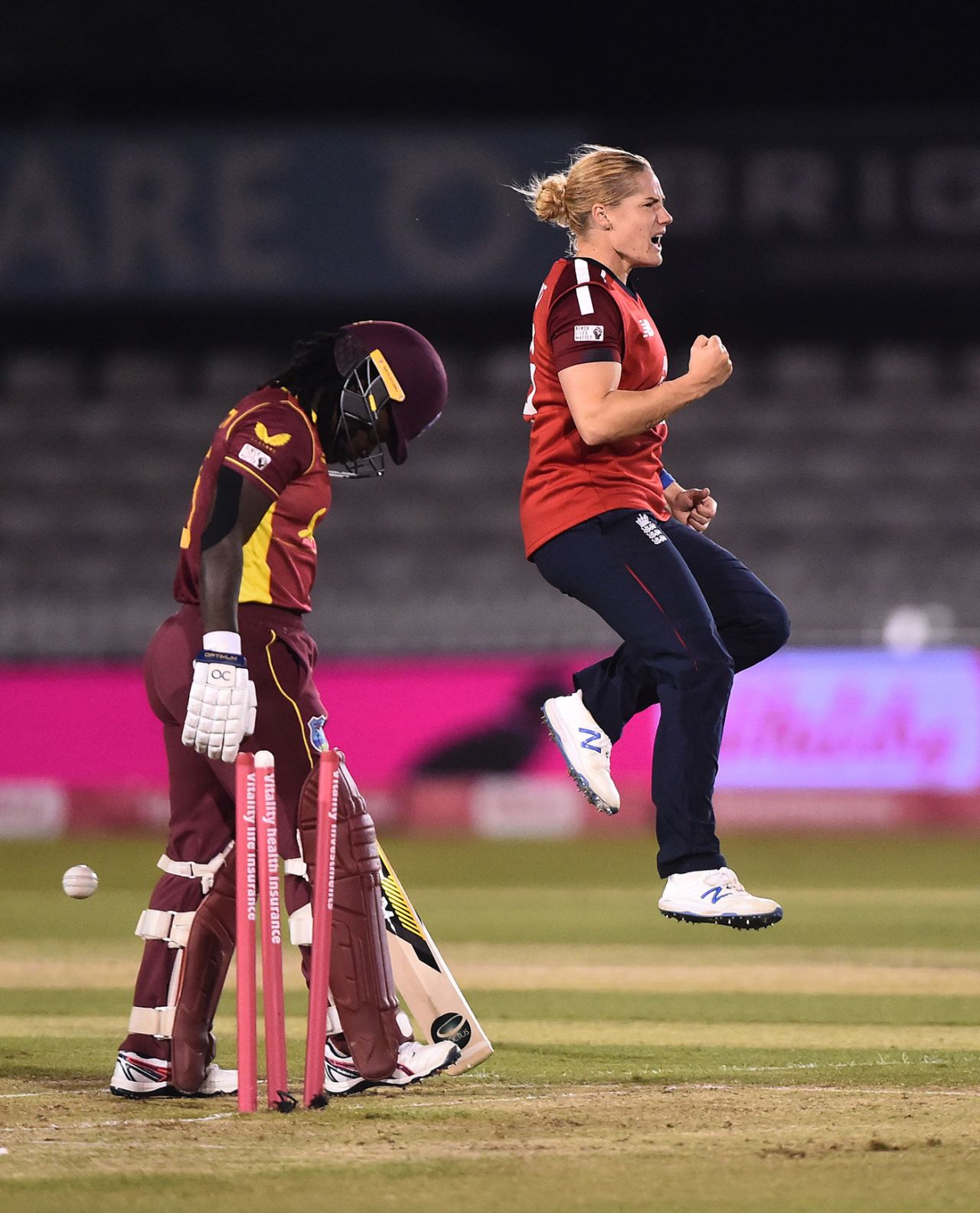 Katherine Brunt celebrates the big wicket of Deandra Dottin, England vs West Indies, 4th T20I, Derby, September 28, 2020