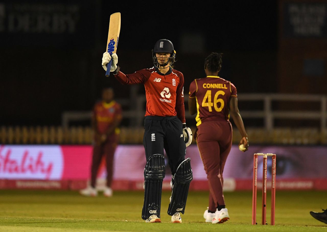 Amy Jones celebrates reaching her half-century, England vs West Indies, 4th T20I, Derby, September 28, 2020