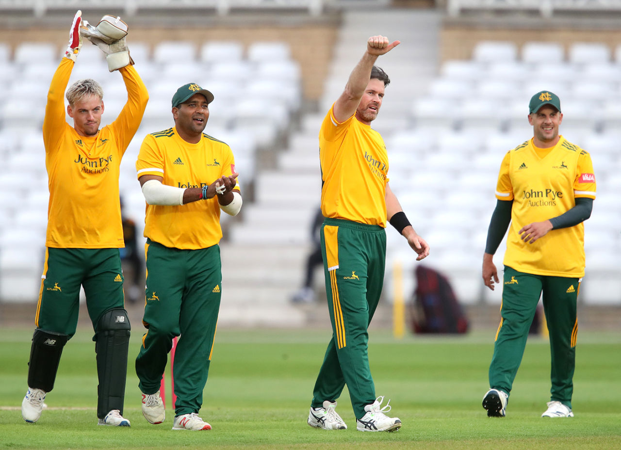 Tom Moores, Samit Patel, Dan Christian and Steven Mullaney celebrate a wicket, Nottinghamshire v Leicestershire, Trent Bridge, Vitality Blast, September 4, 2020