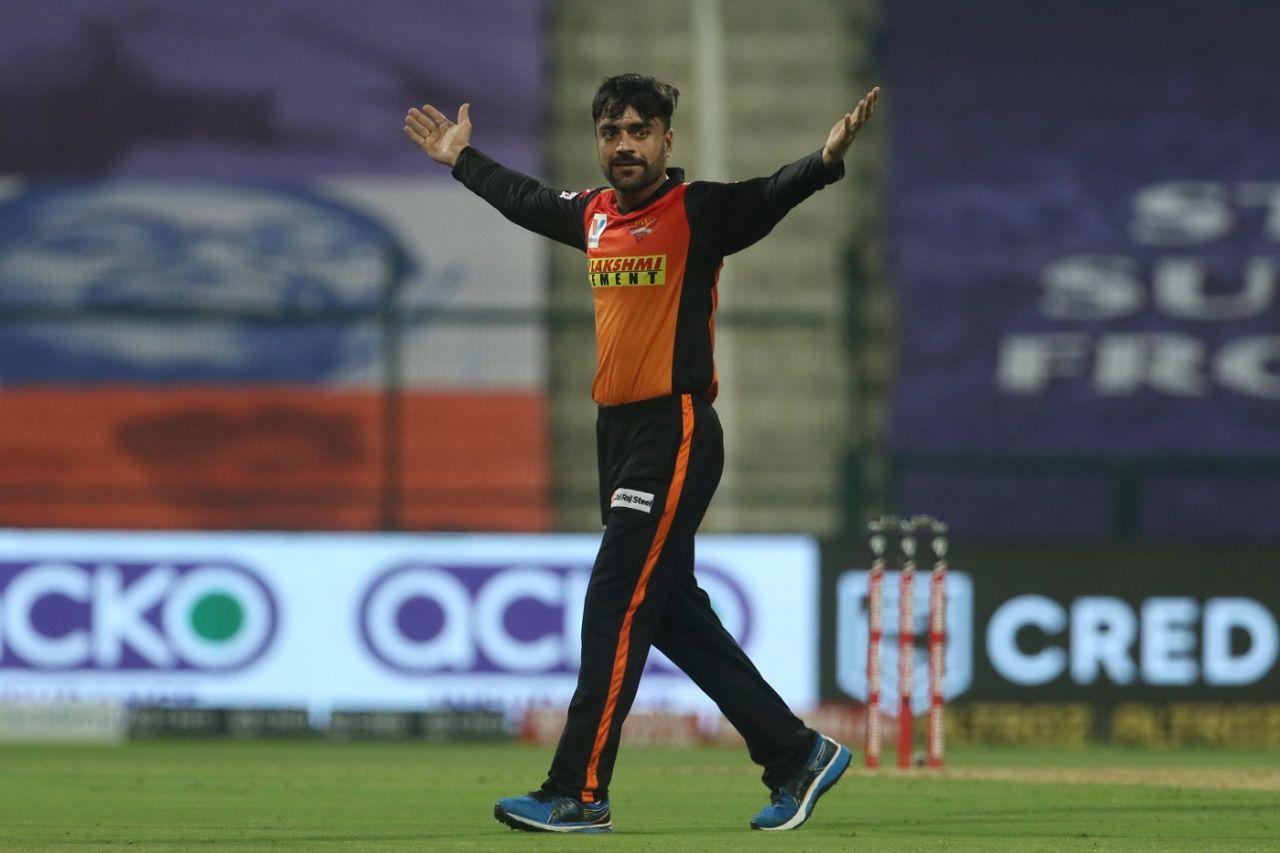 Rashid Khan celebrates a wicket, Delhi Capitals v Sunrisers Hyderabad, IPL 2020, Abu Dhabi, September 29, 2020