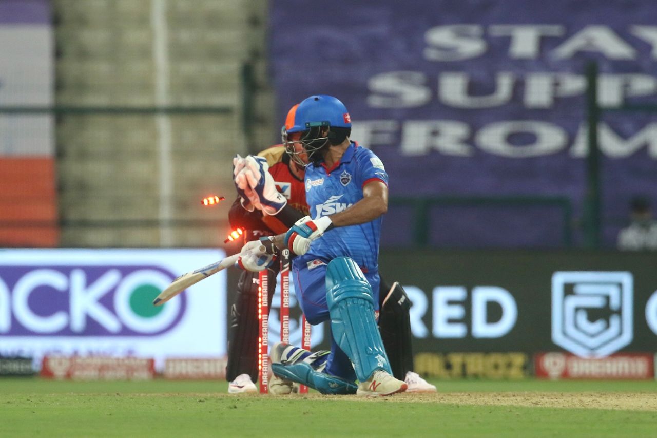 Shikhar Dhawan was caught behind for 34 off 31 balls, Delhi Capitals v Sunrisers Hyderabad, IPL 2020, Abu Dhabi, September 29, 2020