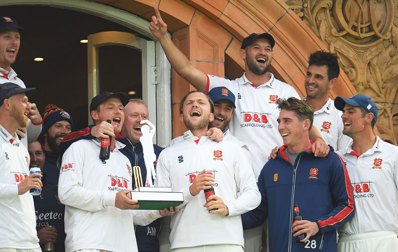 Essex's players celebrate on the team balcony, Somerset vs Essex, Bob Willis Trophy final, 5th day, Lord's, September 27, 2020