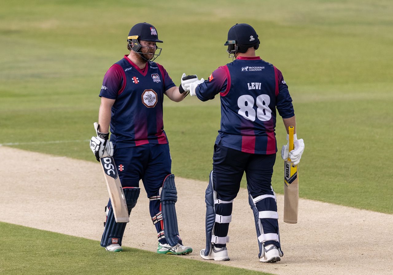 Paul Stirling and Richard Levi bump gloves, Northamptonshire v Birmingham, Vitality T20 Blast, Wantage Road, September 1, 2020
