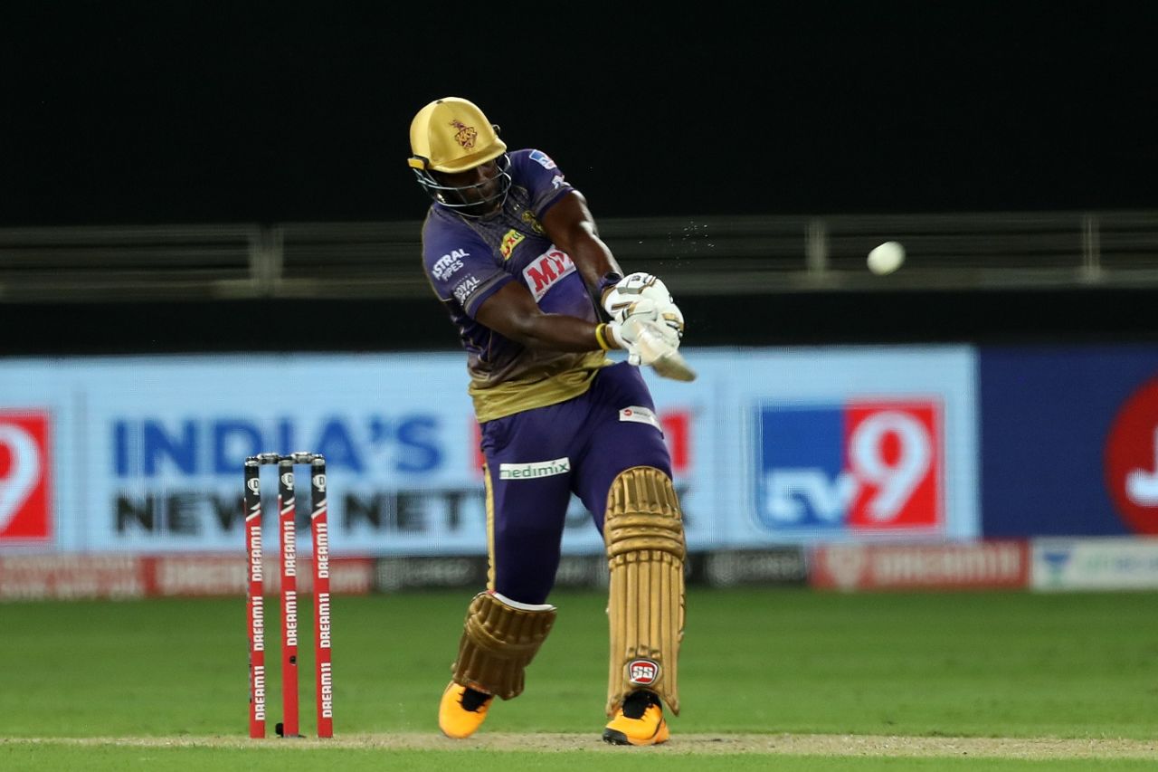 Andre Russell launches one onto the leg side, Rajasthan Royals v Kolkata Knight Riders, IPL 2020, Dubai, September 30, 2020