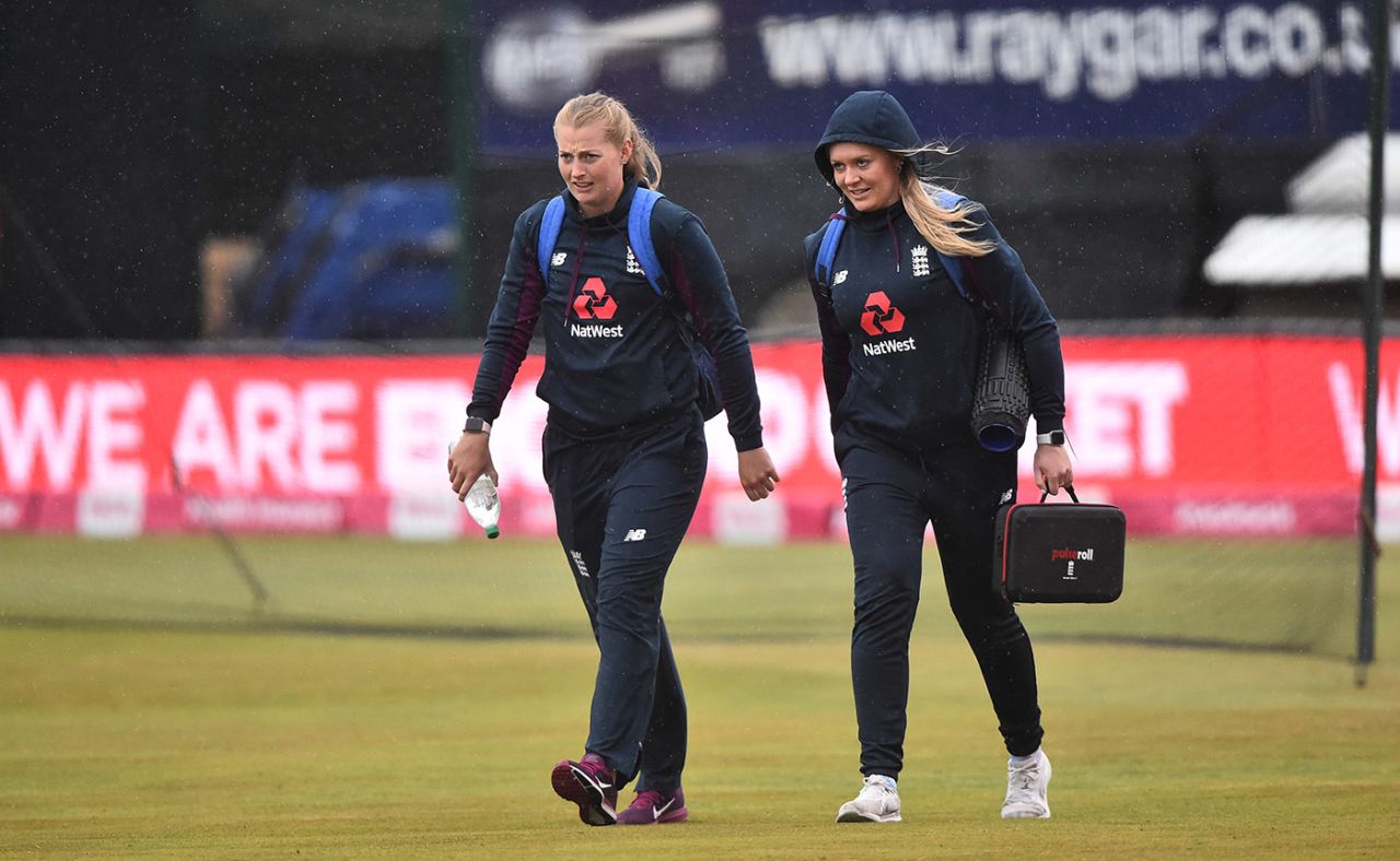 Sophie Ecclestone and Sarah Glenn arrive for the final T20I of the series, England Women vs West Indies Women, Derby, September 30, 2020