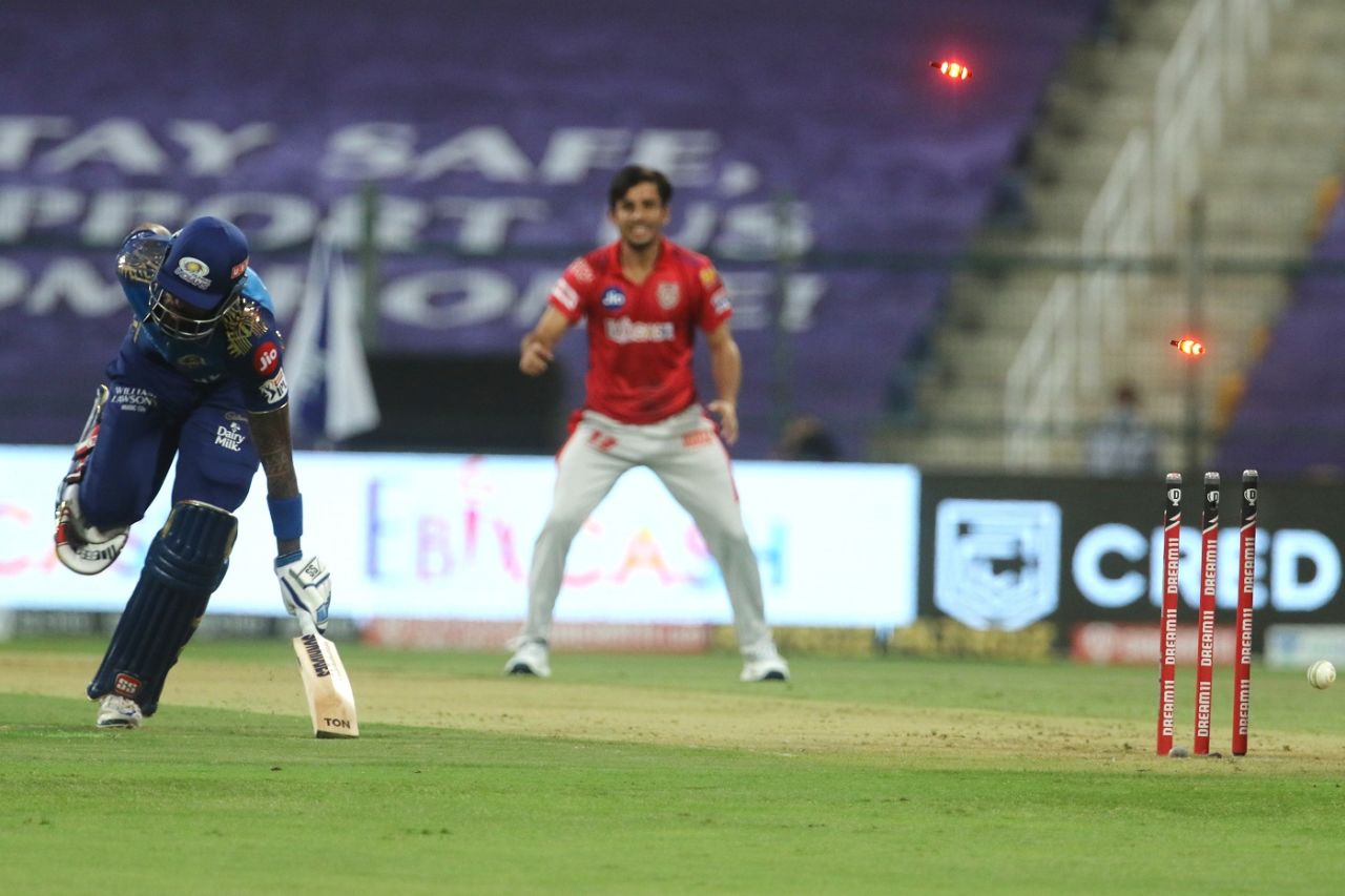 Suryakumar Yadav was run out for 10, Kings XI Punjab v Mumbai Indians, IPL, Abu Dhabi, October 1, 2020