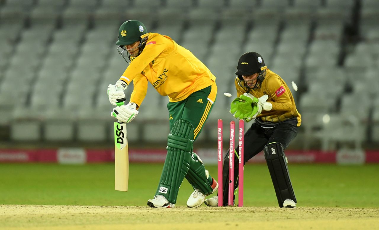 Alex Hales was bowled by Callum Parkinson, Nottinghamshire v Leicestershire, Vitality Blast quarter-final, Trent Bridge, October 1, 2020
