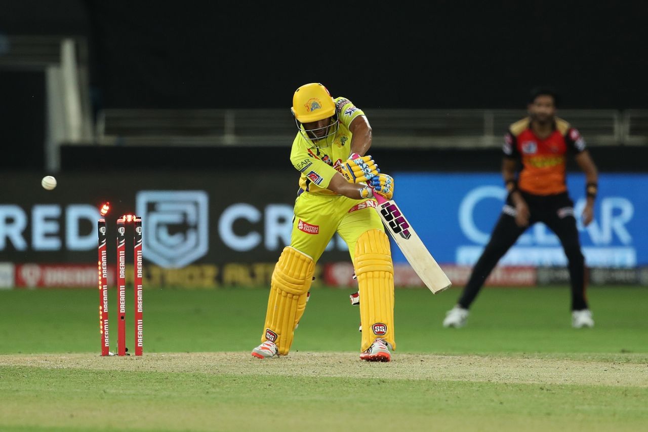 Ambati Rayudu is cleaned up by T Natarajan, Chennai Super Kings v Sunrisers Hyderabad, IPL 2020, Dubai, October 2, 2020