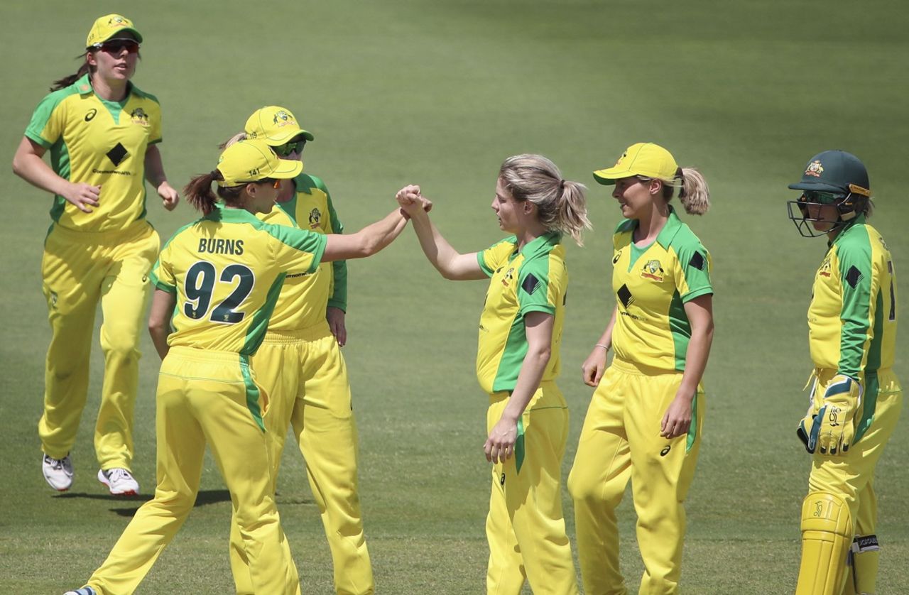 Nicola Carey celebrates the dismissal of Katie Perkins, Australia v New Zealand, 1st women's ODI, Brisbane, October 3, 2020