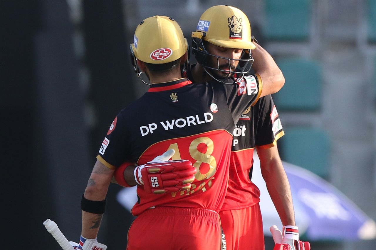 Devdutt Padikkal gets a hug from Virat Kohli after reaching his half-century, Royal Challengers Bangalore vs Rajasthan Royals, IPL 2020, Abu Dhabi, October 3, 2020