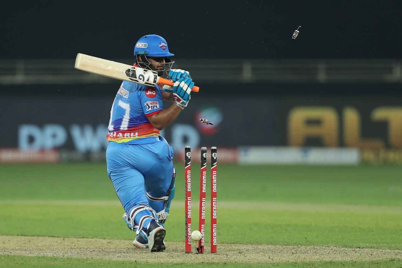 Rishabh Pant looks back at his broken stumps, Dehli Capitals vs Royal Challengers Bangalore, IPL 2020, Dubai, October 5, 2020