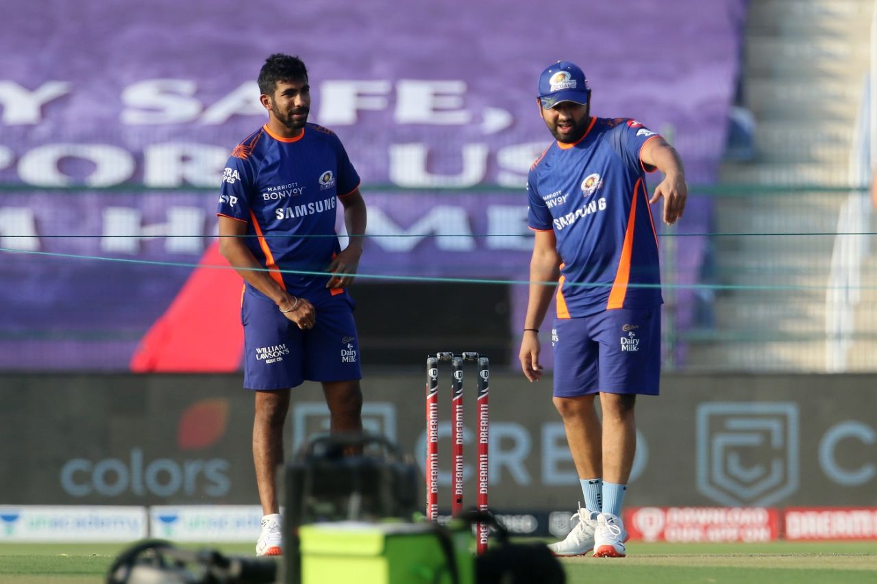 Jasprit Bumrah and Rohit Sharma have a chat ahead of the match, Mumbai Indians vs Rajasthan Royals, IPL 2020, Abu Dhabi, October 6, 2020