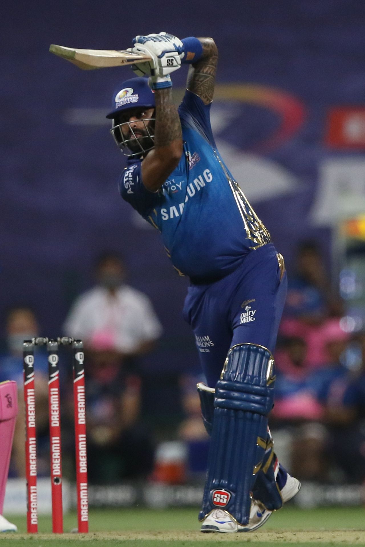 Suryakumar Yadav goes over the off side, Mumbai Indians vs Rajasthan Royals, IPL 2020, Abu Dhabi, October 6, 2020