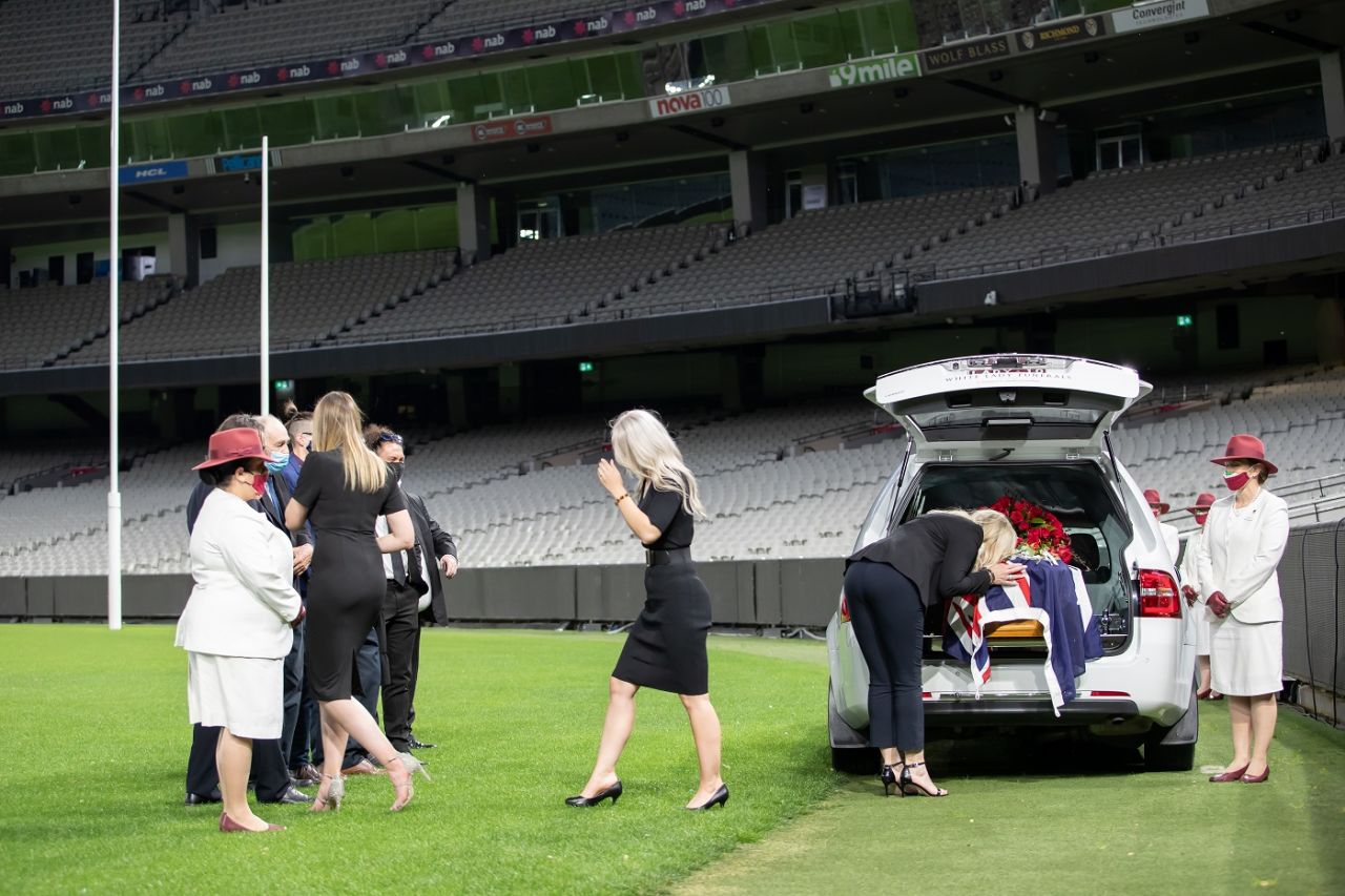 Loved ones pay respect to Dean Jones at a private service at the MCG, Melbourne, October 4, 2020
