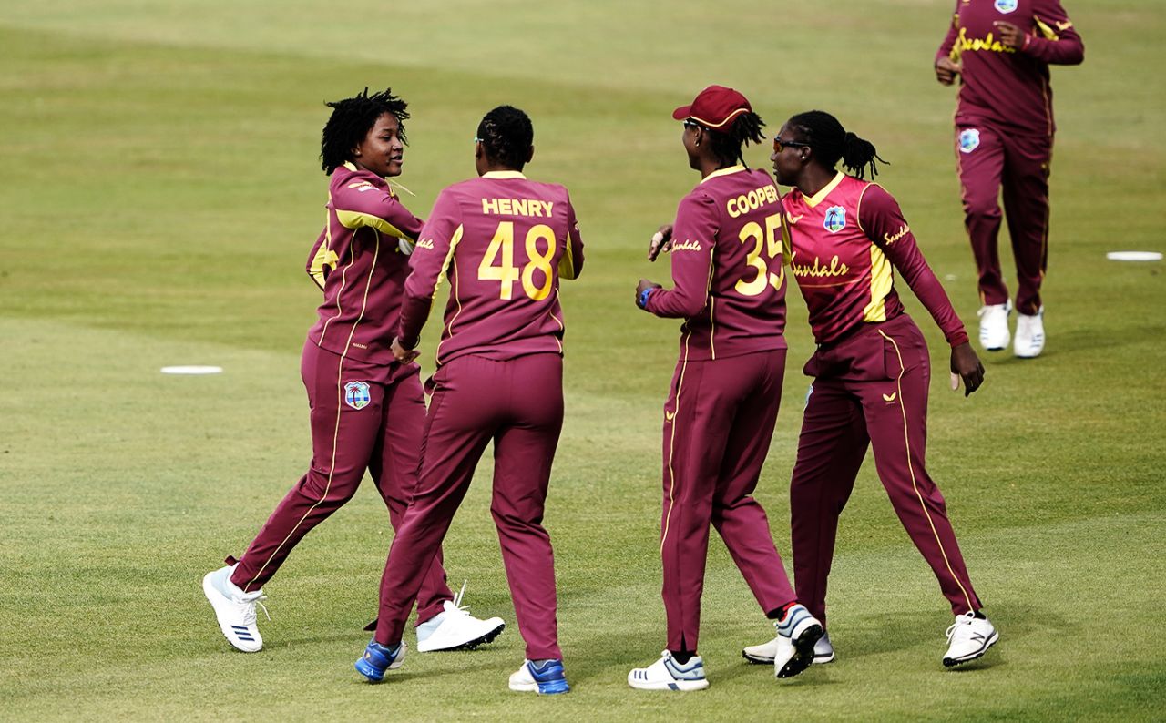 Sheneta Grimmond (extreme left) celebrates a wicket with her team-mates, England v West Indies, 3rd women's T20I, Derby, September 26, 2020