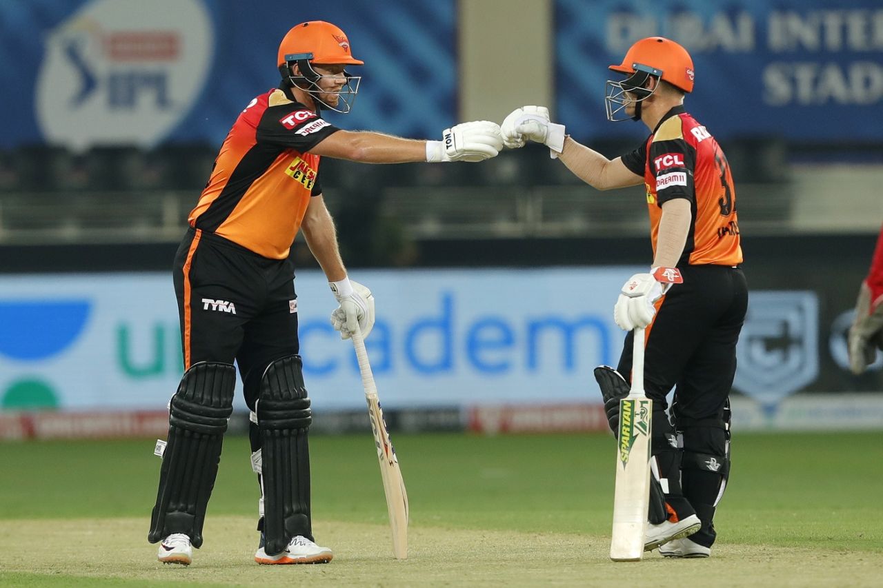 David Warner punches gloves with Jonny Bairstow, Sunrisers Hyderabad vs Kings XI Punjab, IPL 2020, Dubai, October 8, 2020