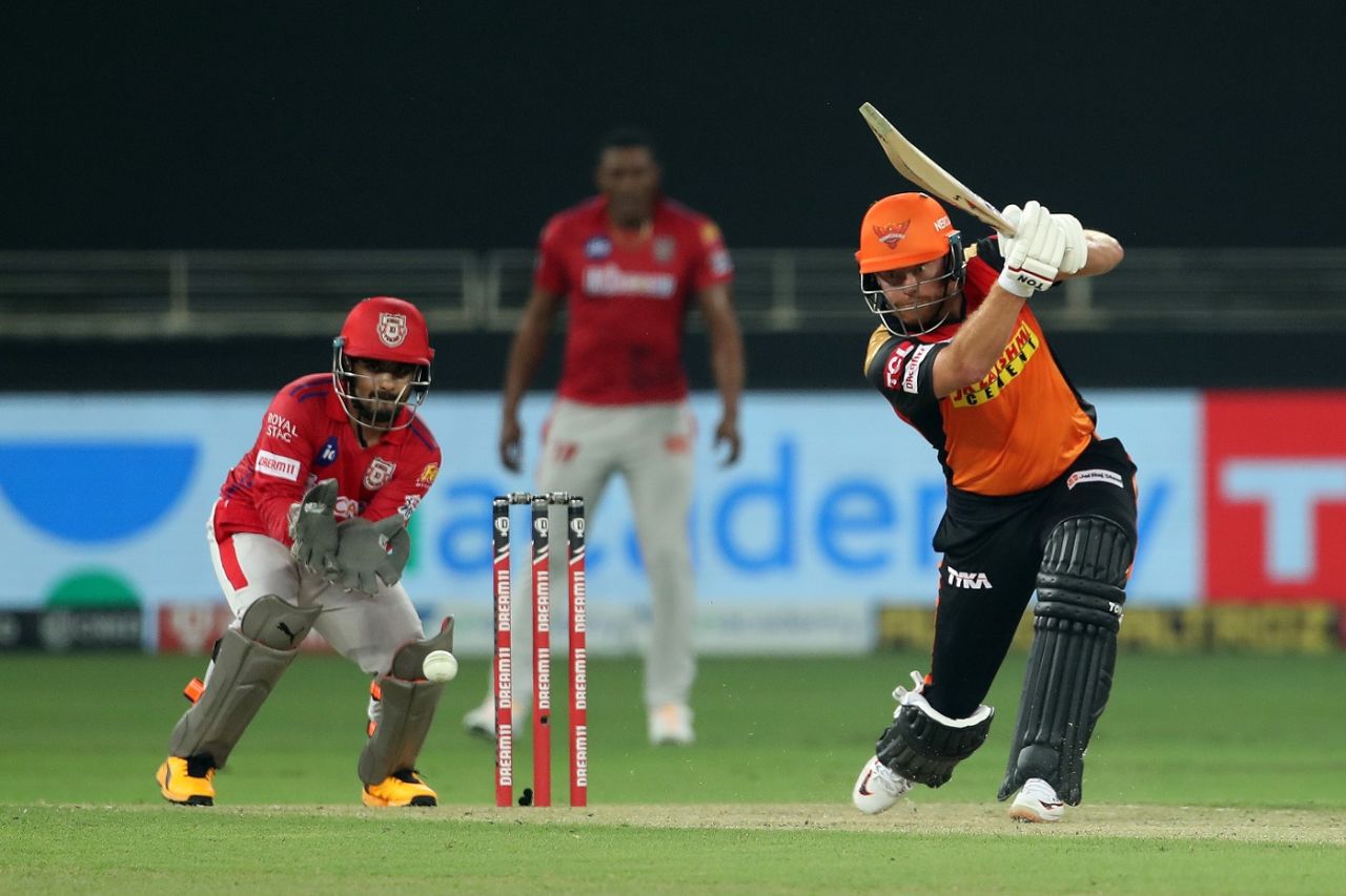 Jonny Bairstow drives one through cover, Sunrisers Hyderabad vs Kings XI Punjab, IPL 2020, Dubai, October 8, 2020