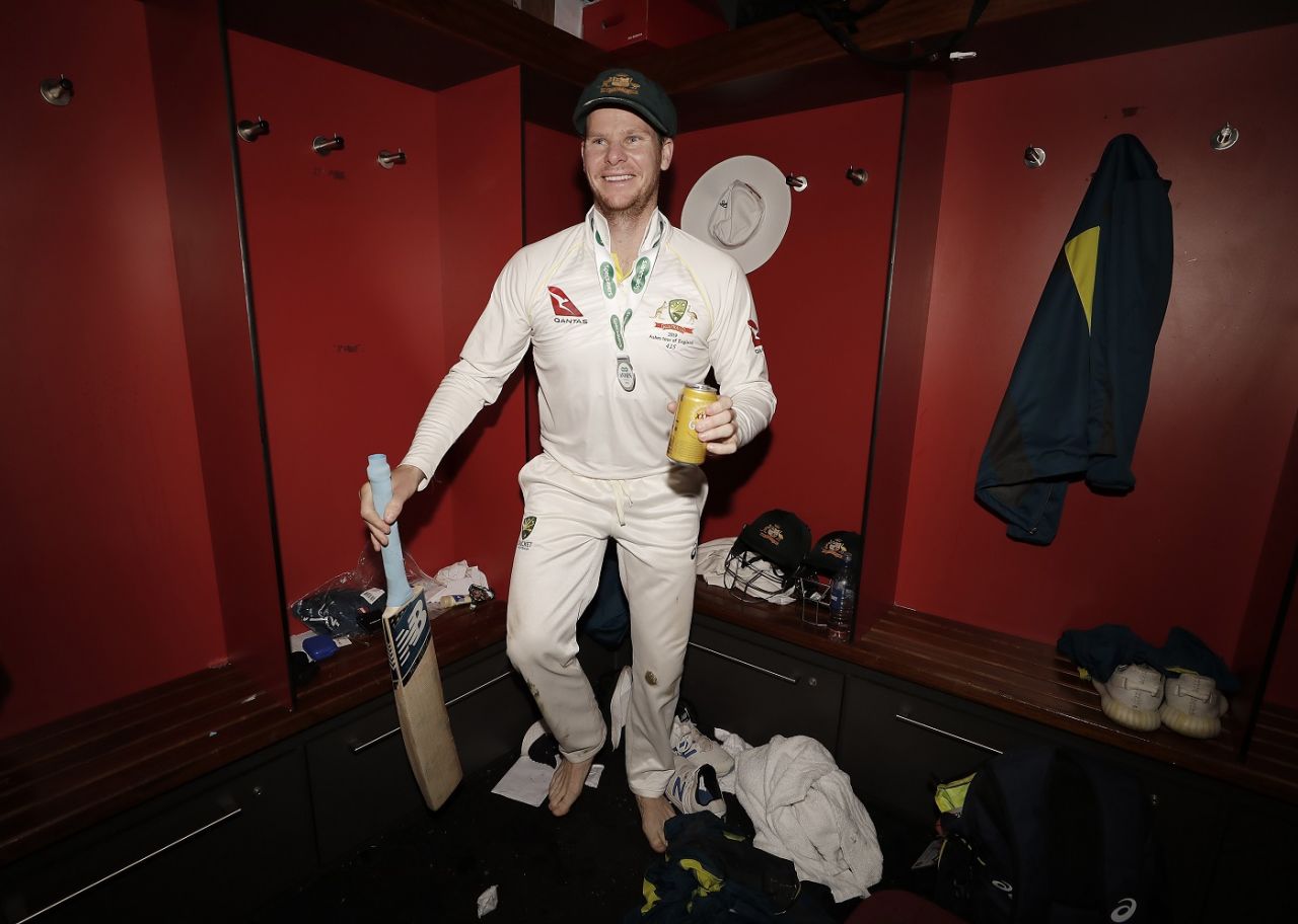 Steven Smith poses in the dressing room after Australia retain the Ashes, England v Australia, 4th Test, Old Trafford, 5th day, September 8, 2019