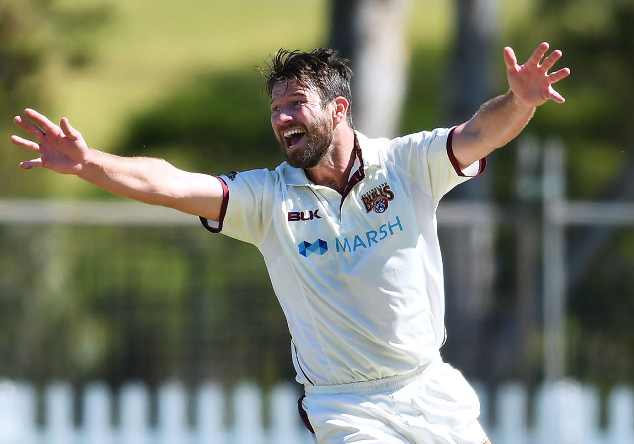 Michael Neser claimed the first two wickets of the season in the space of four balls, Queensland v Tasmania, Sheffield Shield, Park 25, Adelaide, October 10, 20202