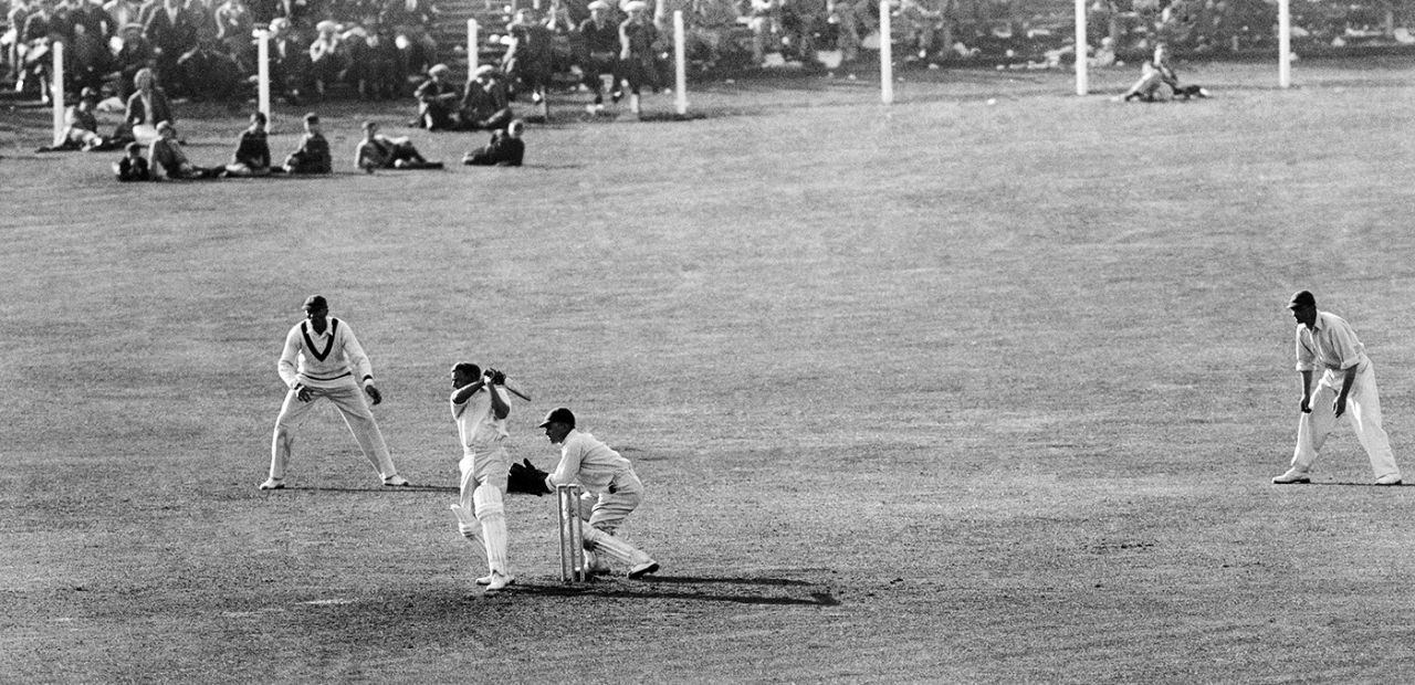 Don Bradman drives, England v Australia, 3rd Test, Leeds, July 11, 1930