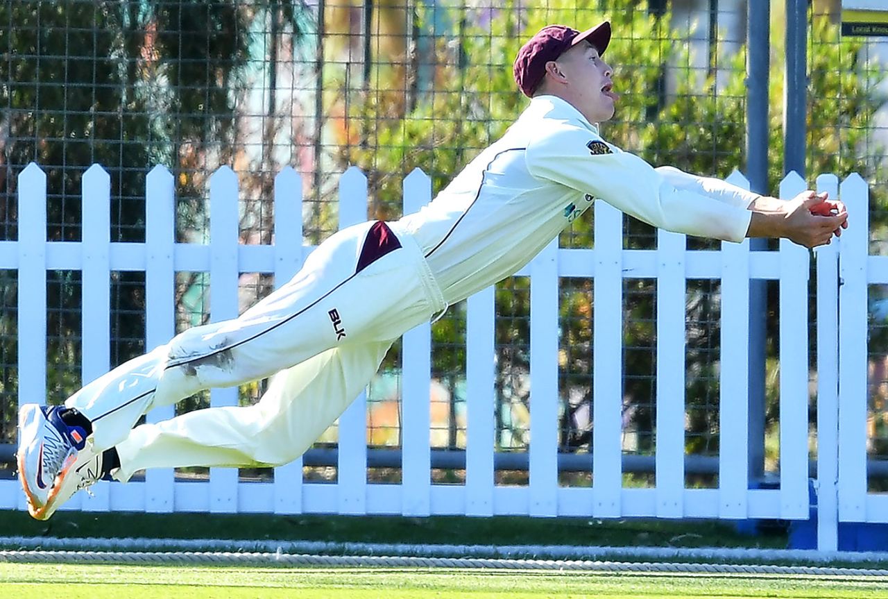 Marnus Labuschagne takes a diving catch near the boundary, Queensland v Tasmania, Sheffield Shield, Park 25, Adelaide, October 10, 20202