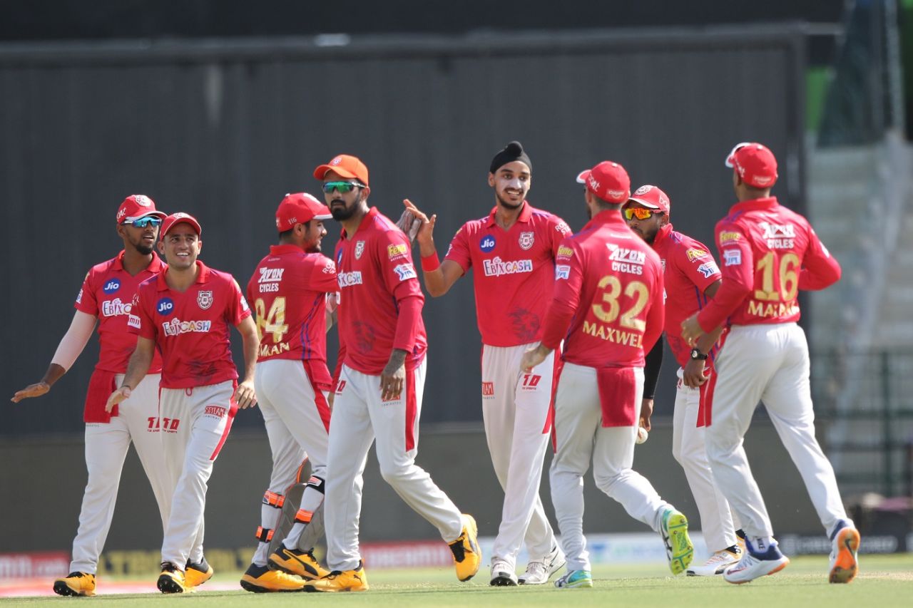 The Kings XI Punjab players celebrate Nitish Rana's run-out, Kings XI Punjab vs Kolkata Knight Riders, IPL 2020, Abu Dhabi, October 10, 2020