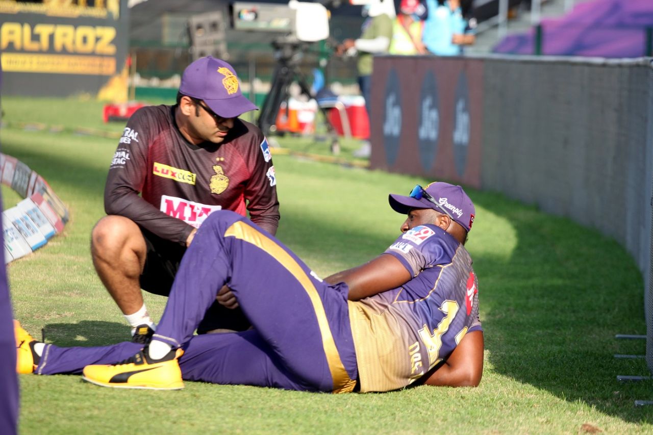 Andre Russell picked up an injury while trying to take a catch at the boundary, Kings XI Punjab vs Kolkata Knight Riders, IPL 2020, Abu Dhabi, October 10, 2020