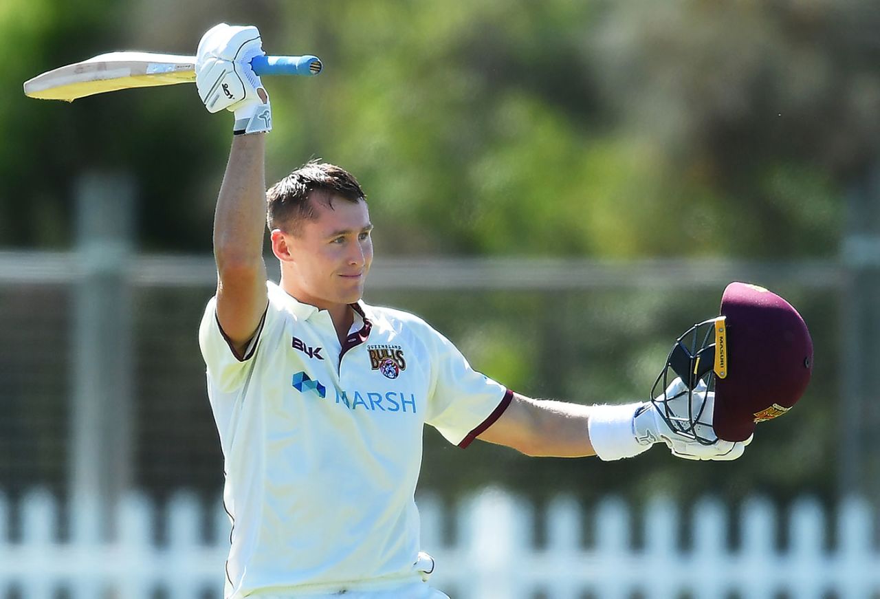 Marnus Labuschagne celebrates his century, Queensland v Tasmania, Sheffield Shield, Park 25, Adelaide, October 11, 2020