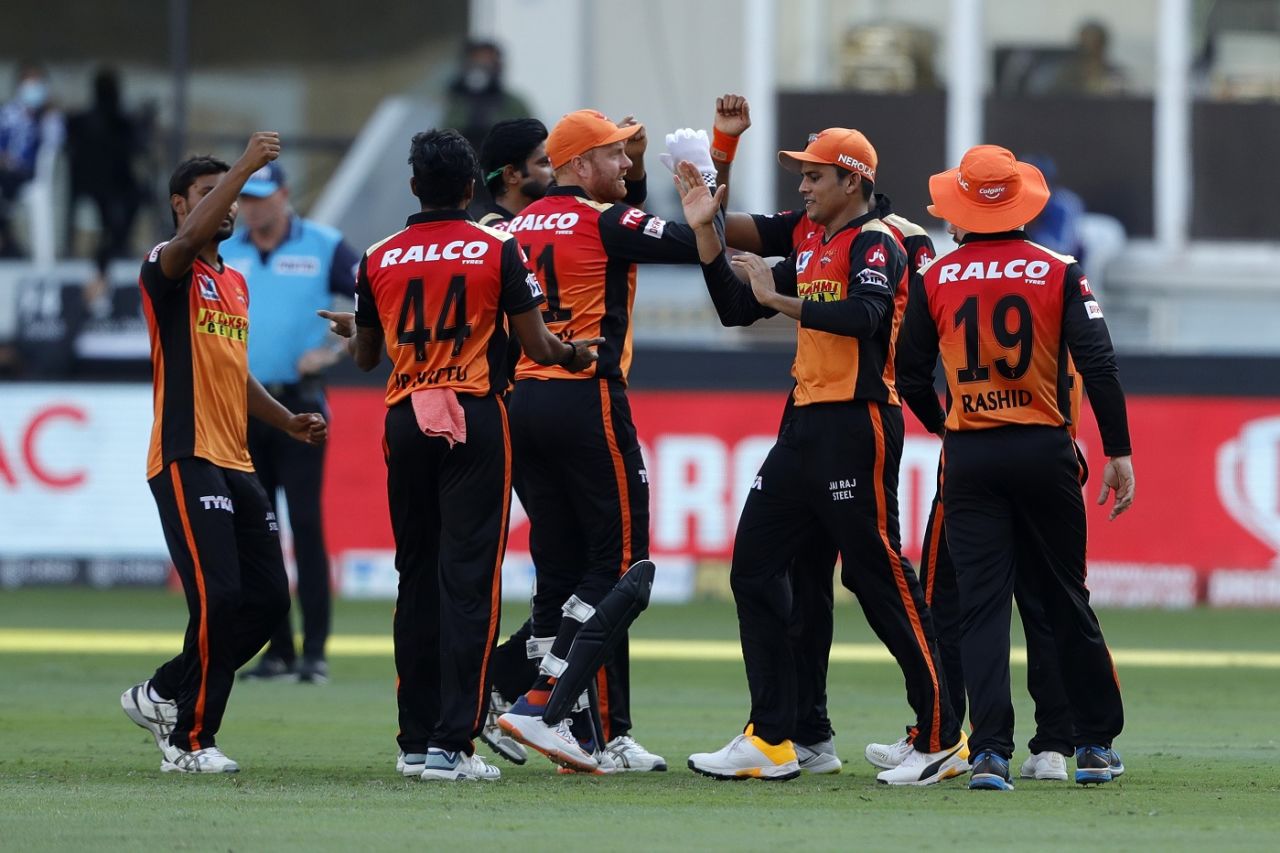 The Sunrisers players celebrate the wicket of Steven Smith, Sunrisers Hyderabad vs Rajasthan Royals, IPL 2020, Dubai, October 11, 2020