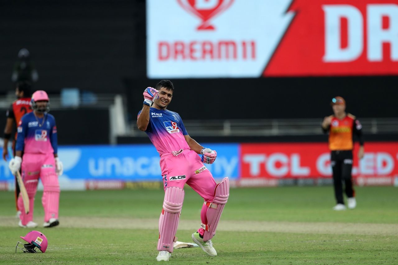 Riyan Parag does a celebratory jig after taking the Royals home with a six, Sunrisers Hyderabad vs Rajasthan Royals, IPL 2020, Dubai, October 11, 2020