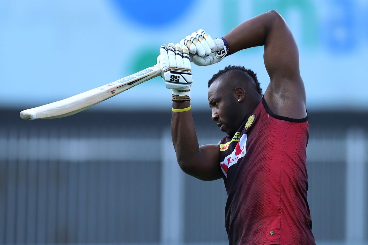 Andre Russell warms up ahead of play, Royal Challengers Bangalore vs Kolkata Knight Riders, IPL 2020, Sharjah, October 12, 2020
