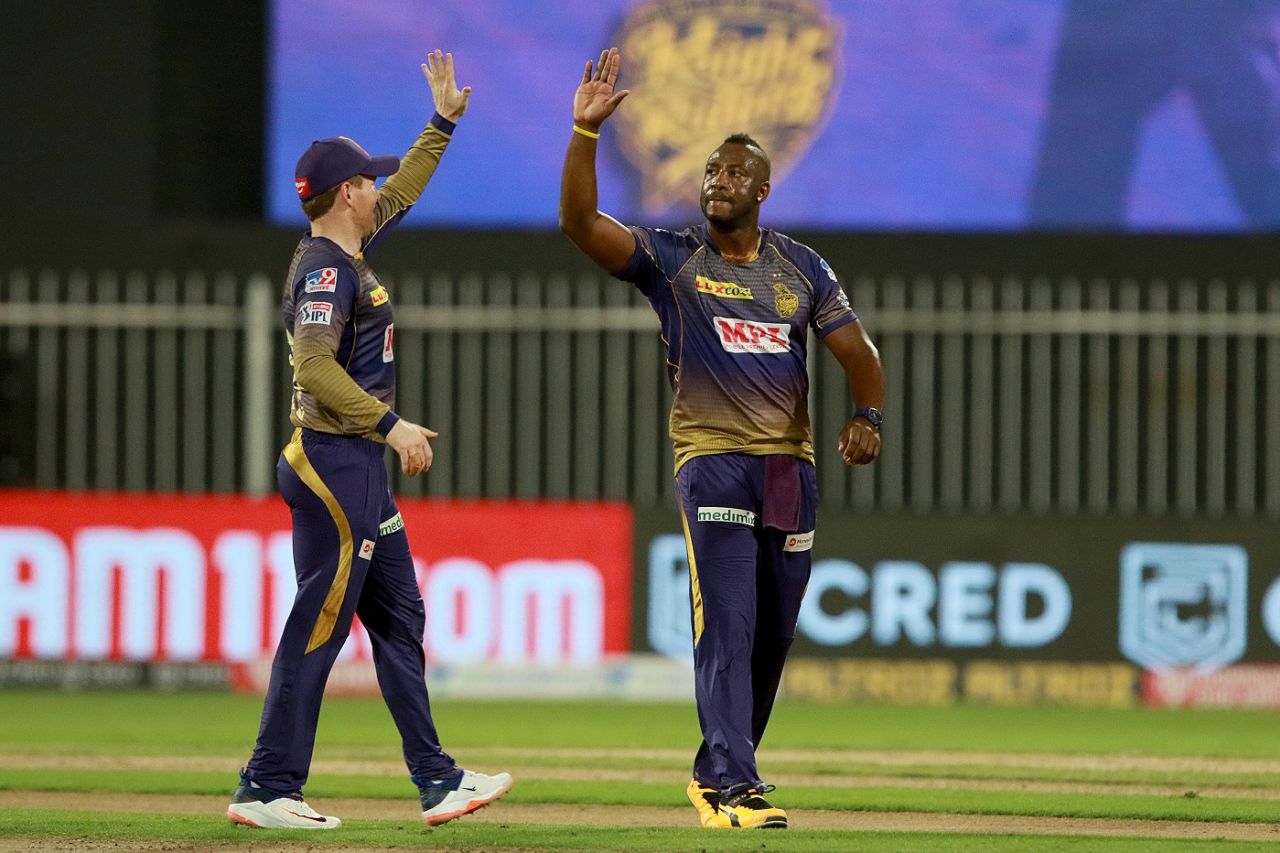 Andre Russell celebrates a wicket with Eoin Morgan, Royal Challengers Bangalore vs Kolkata Knight Riders, IPL 2020, Sharjah, October 12, 2020