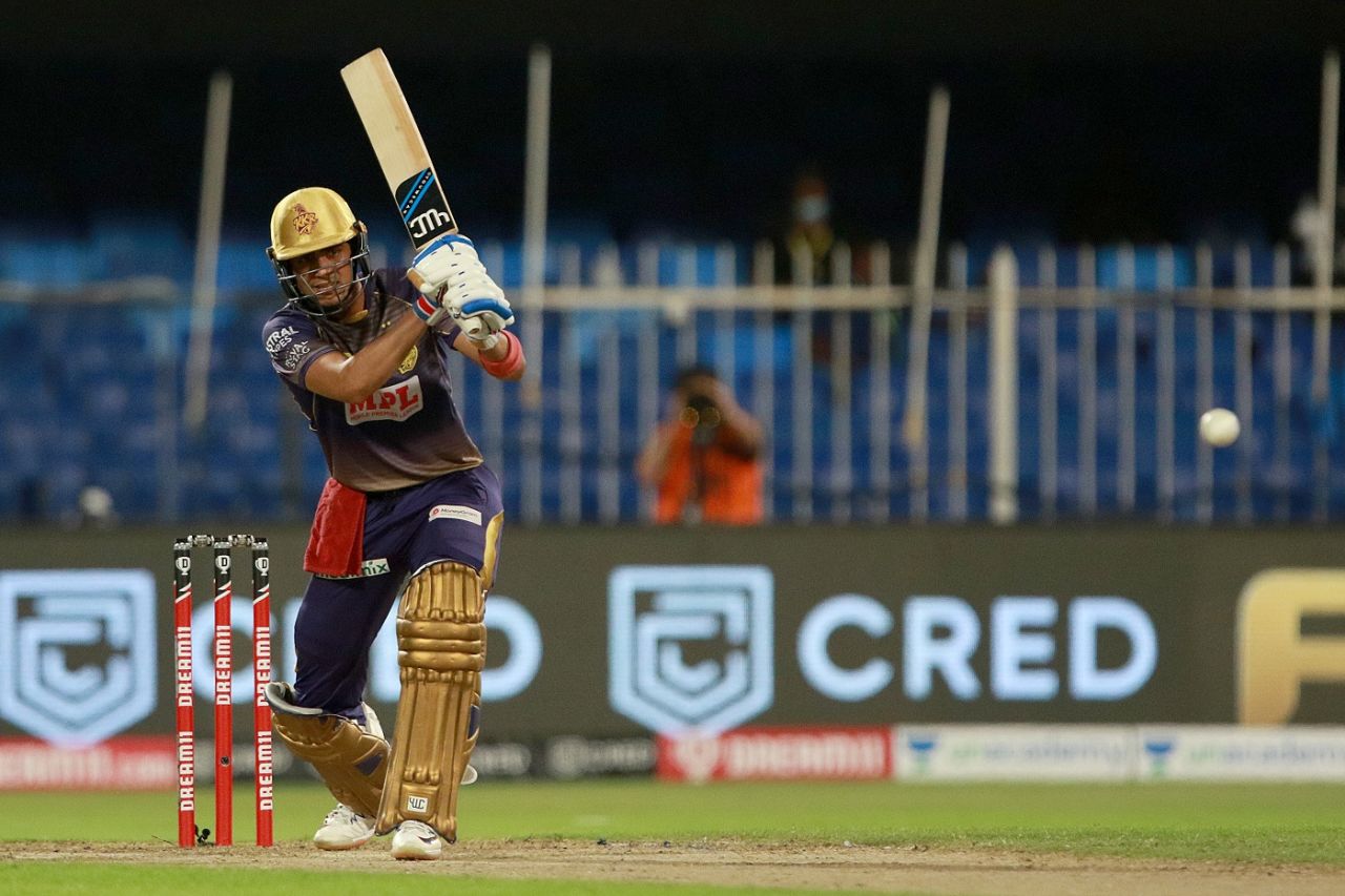 Shubman Gill punches one through the off side, Royal Challengers Bangalore vs Kolkata Knight Riders, IPL 2020, Sharjah, October 12, 2020