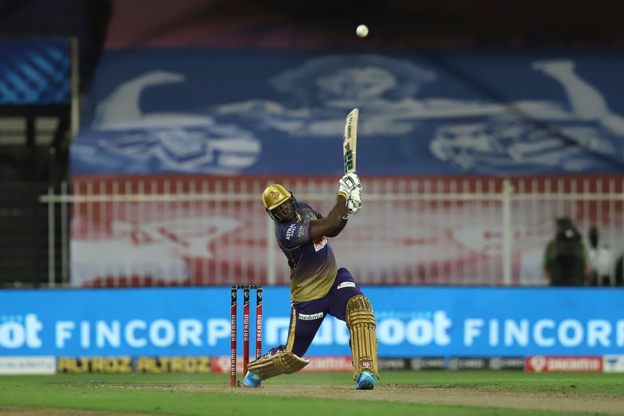 Andre Russell muscles one down the ground, Royal Challengers Bangalore vs Kolkata Knight Riders, IPL 2020, Sharjah, October 12, 2020
