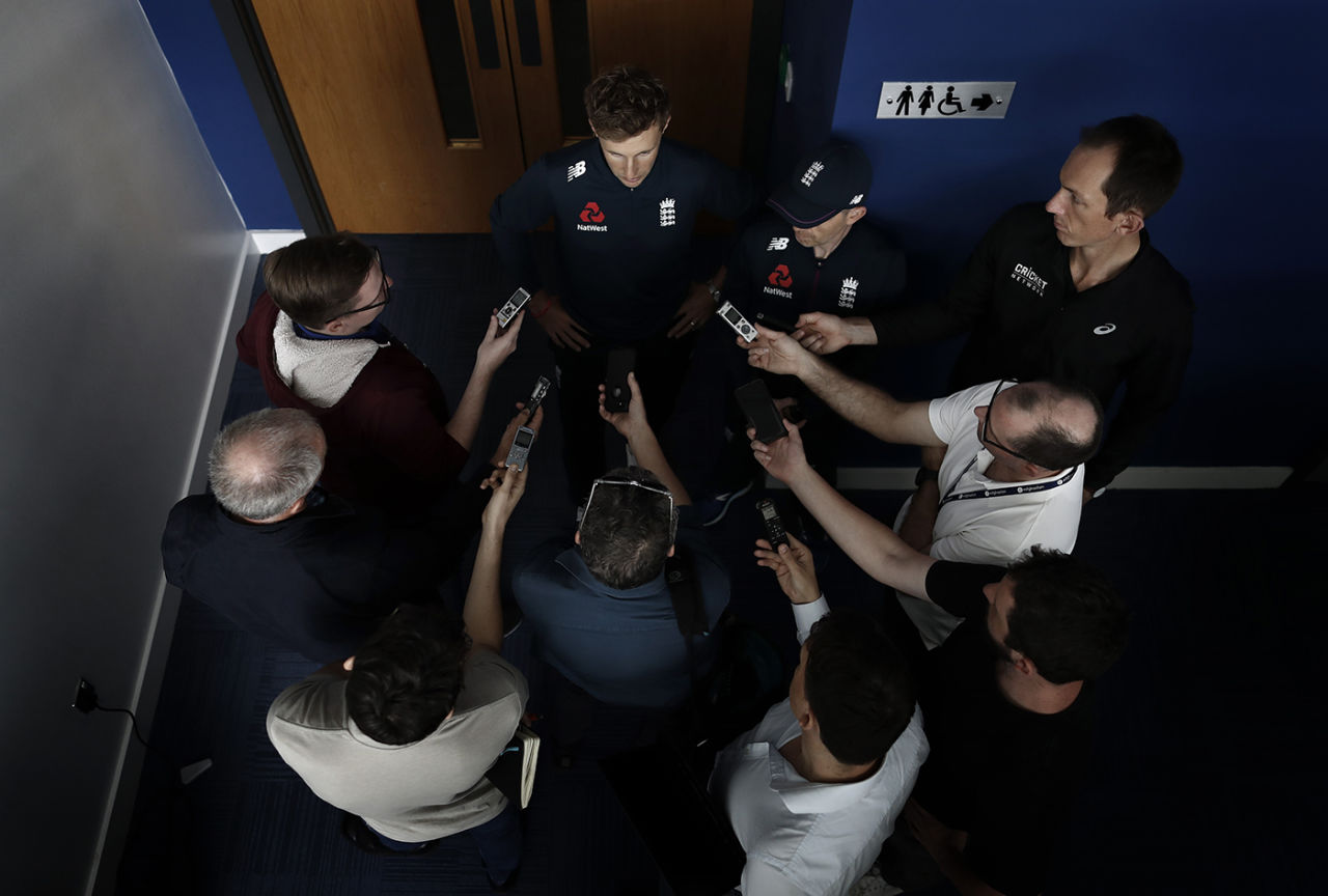 The press pack huddle around Joe Root, Edgbaston, July 31, 2019